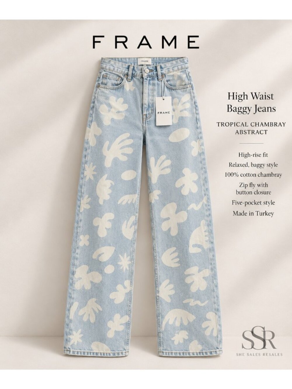 FRAME High Waist Baggy Jeans Tropical Chambray Abstract Size 25 Wide Leg Cotton - Picture 3 of 11
